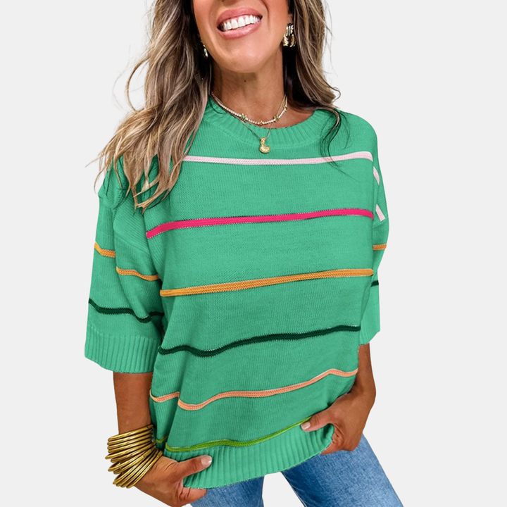 Women's Drop Shoulder Striped Knit Short Sleeve Pullover