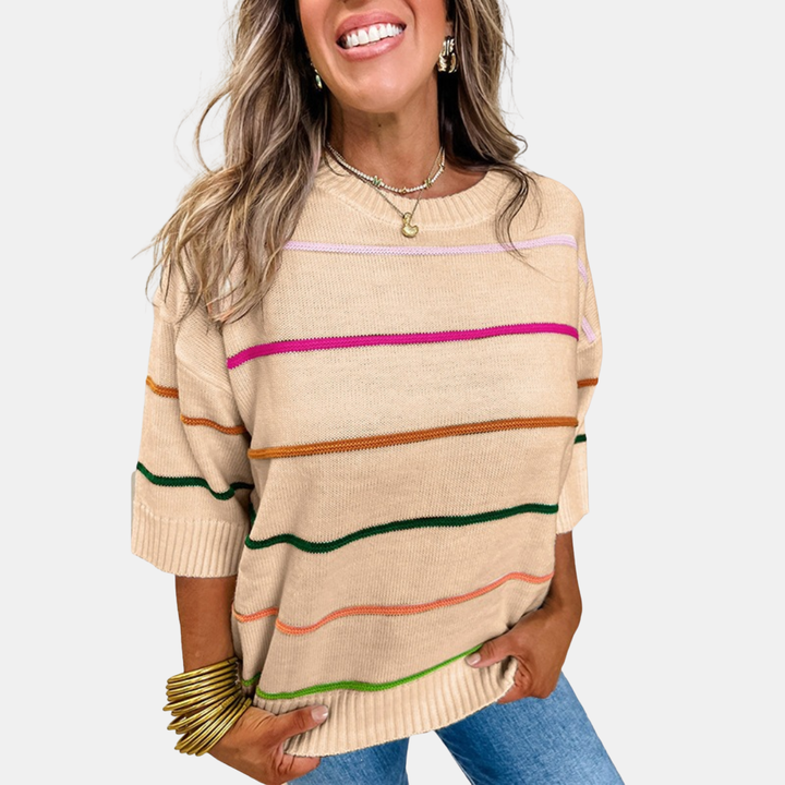 Women's Drop Shoulder Striped Knit Short Sleeve Pullover