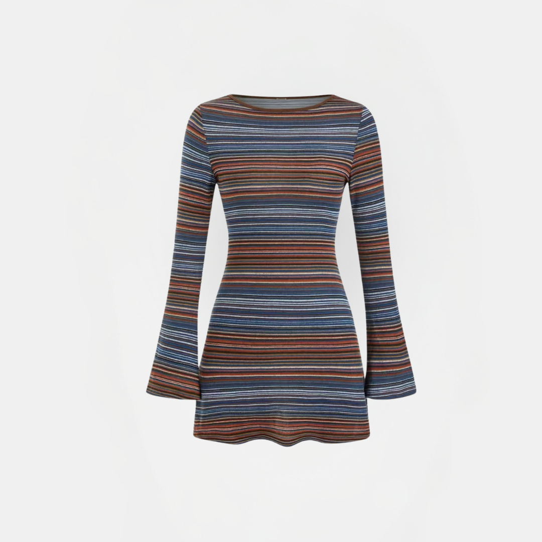 Women's Boat Neck Bell Sleeve Striped Knit Bodycon Mini Dress