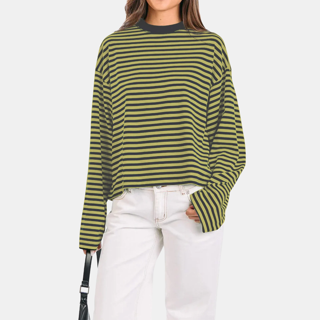 Women's Contrast Stripe Cotton Long Sleeve Relaxed Sweatshirt Top