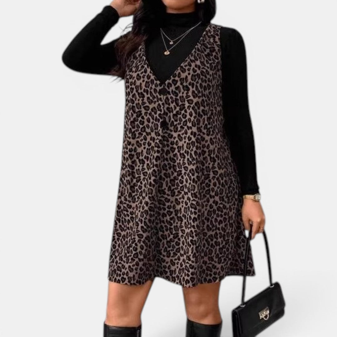 ZELORA™ – Leopard Pinafore Dress Two-Piece Set