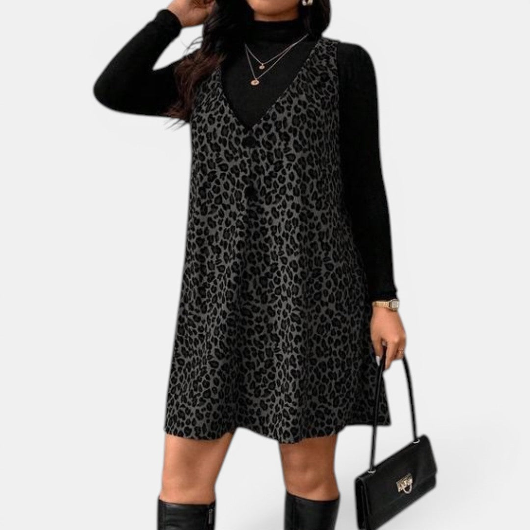 ZELORA™ – Leopard Pinafore Dress Two-Piece Set