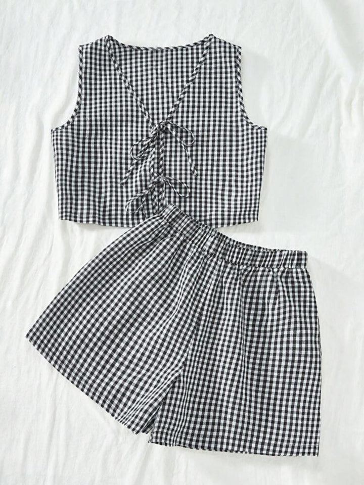 AMY™ – 2-Piece Plaid Striped Vest & High-Waisted Loose Shorts