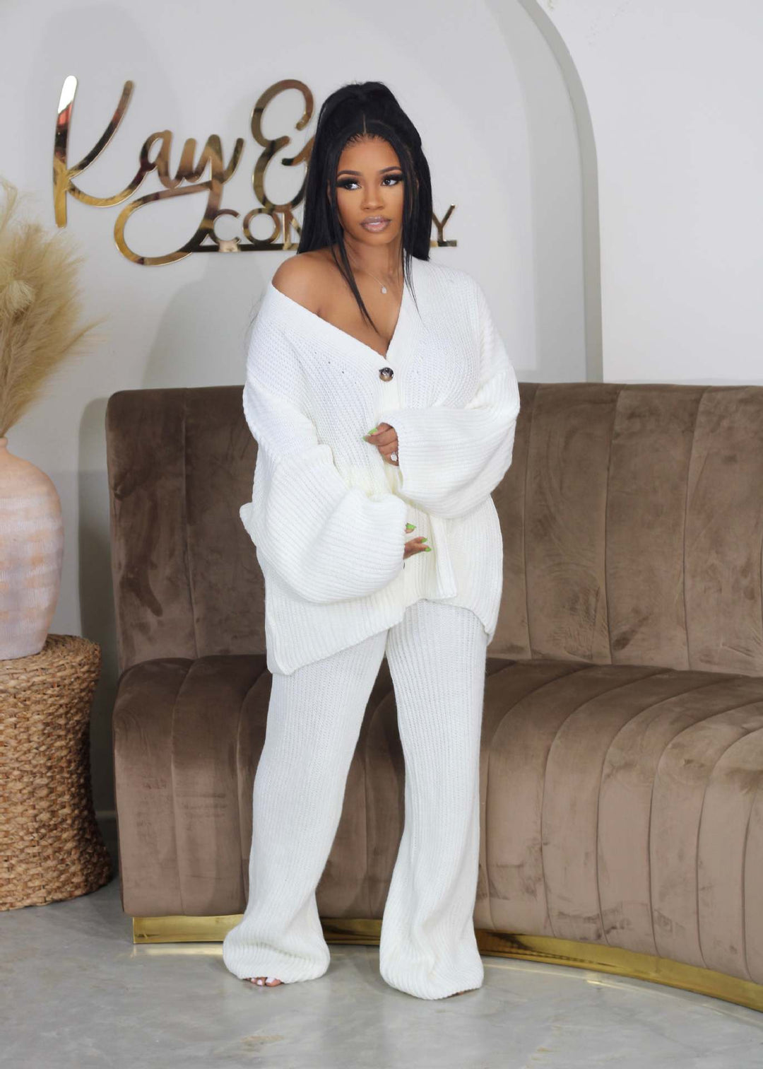 AMIKA™ - Casual V-Neck Cardigan and Wide Leg Pants Set