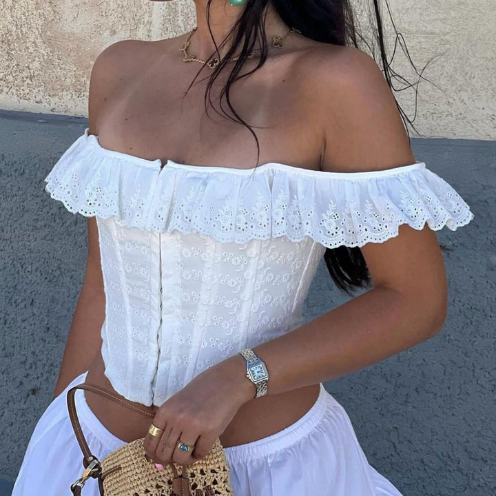 Women's Corset Top, Broderie Anglaise Double Ruffle Frill