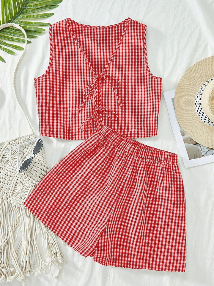 AMY™ – 2-Piece Plaid Striped Vest & High-Waisted Loose Shorts