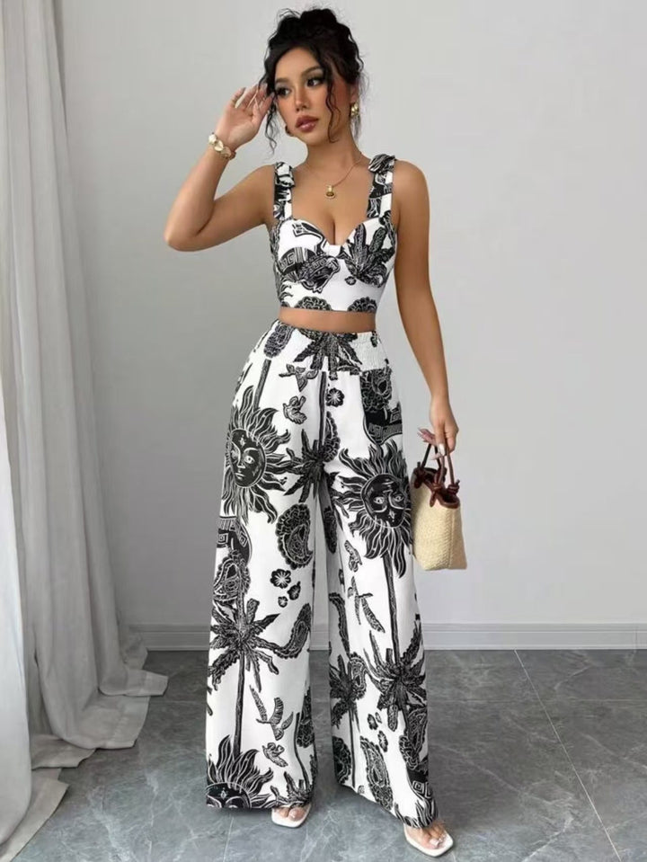 THAWDI™ - Elegant Boho Printed Crop and Wide Leg Pants Set