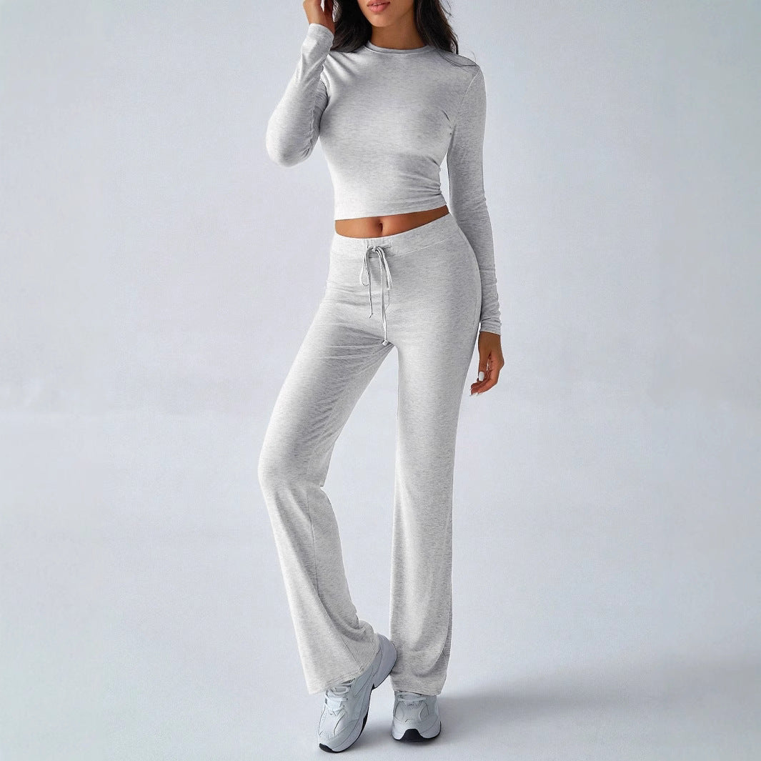 KUTIS™ - Casual Round Neck Crop Top and Drawstring High Waist Pants Set