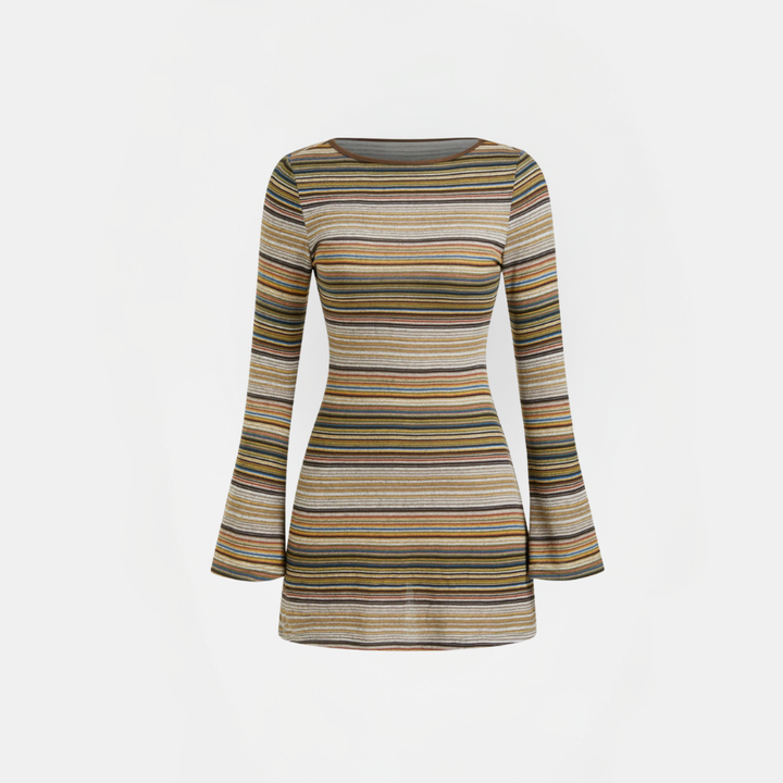 Women's Boat Neck Bell Sleeve Striped Knit Bodycon Mini Dress
