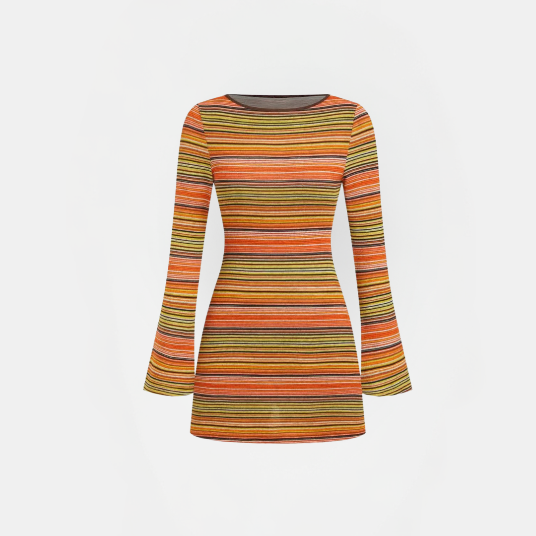 Women's Boat Neck Bell Sleeve Striped Knit Bodycon Mini Dress