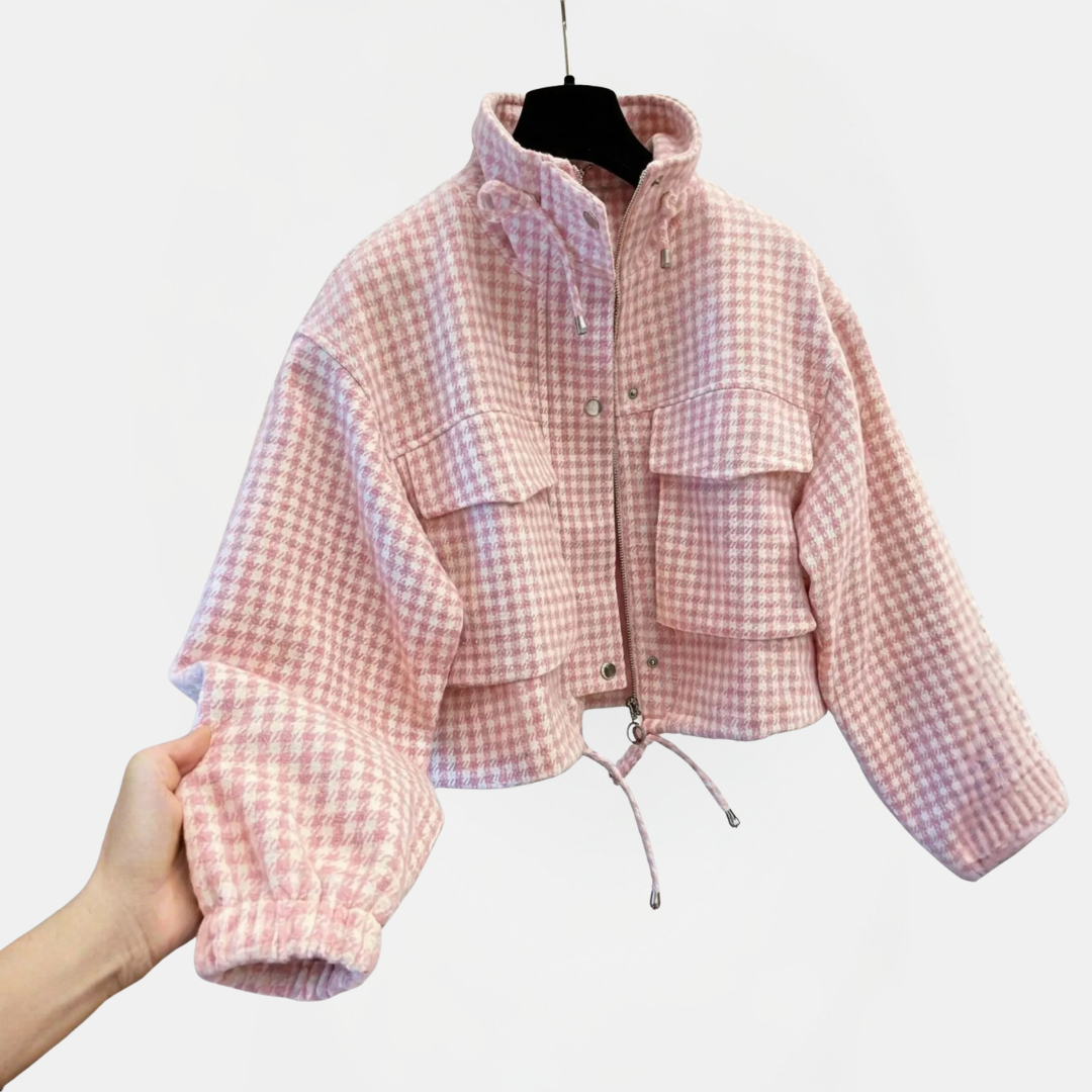Women's Plaid Stand Collar Drawstring Zip Short Jacket