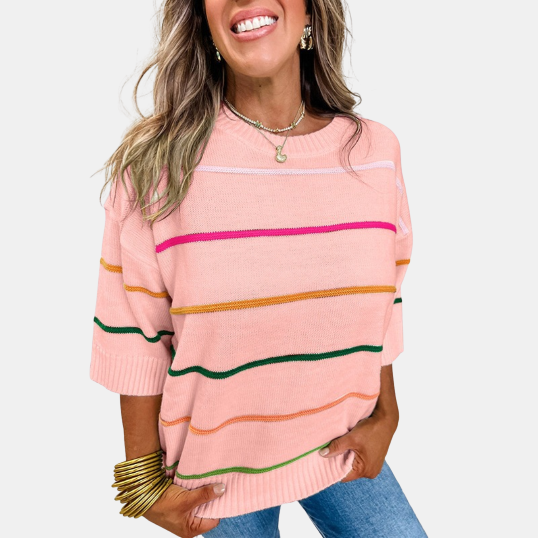 Women's Drop Shoulder Striped Knit Short Sleeve Pullover