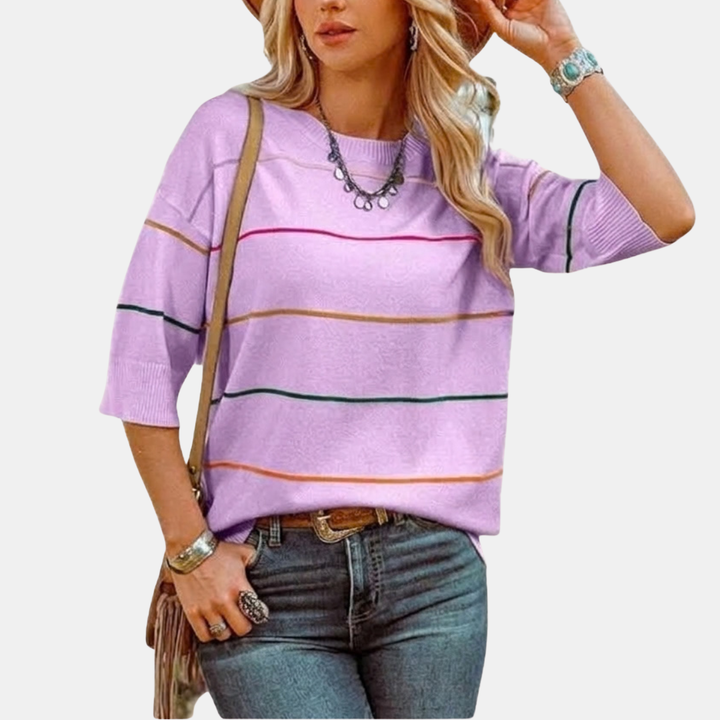 Women's Drop Shoulder Striped Knit Short Sleeve Pullover