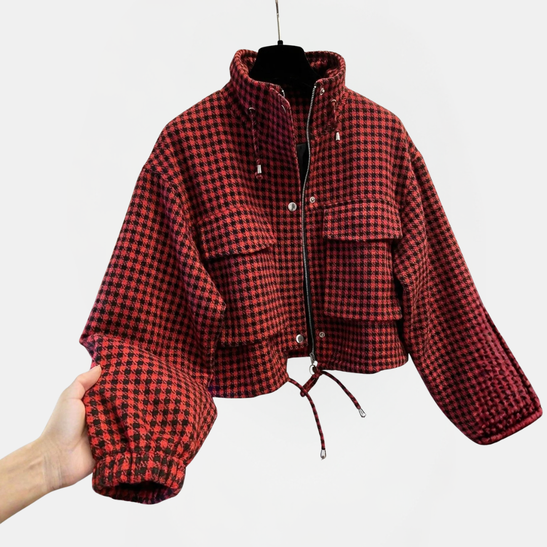 Women's Plaid Stand Collar Drawstring Zip Short Jacket