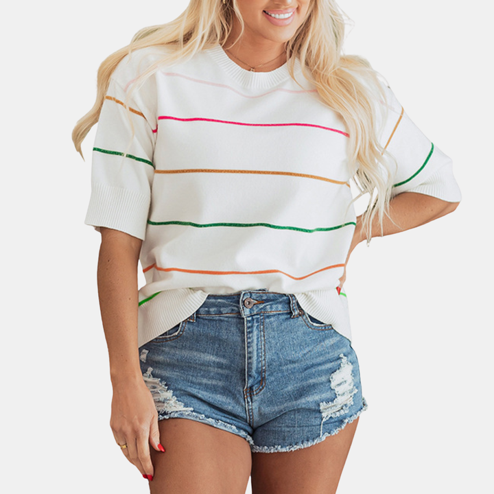 Women's Drop Shoulder Striped Knit Short Sleeve Pullover