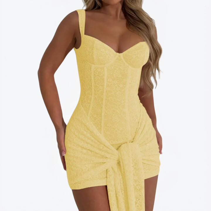 Women's Lace Splice Tie Waist Bodycon Spaghetti Strap Dress