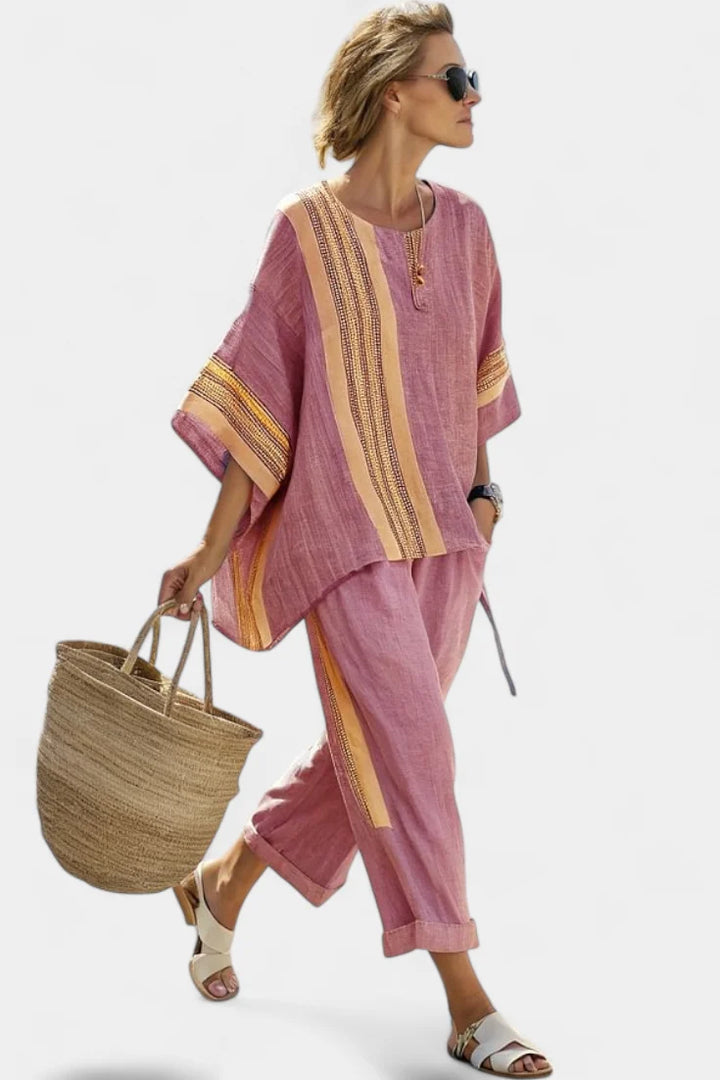 Women's Linen Matching Set in red striped