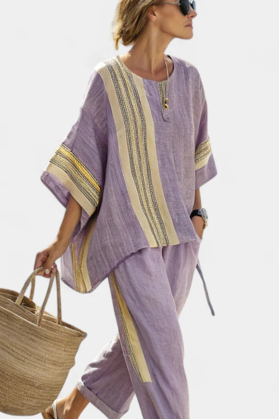 Women's Linen Matching Set in purple striped