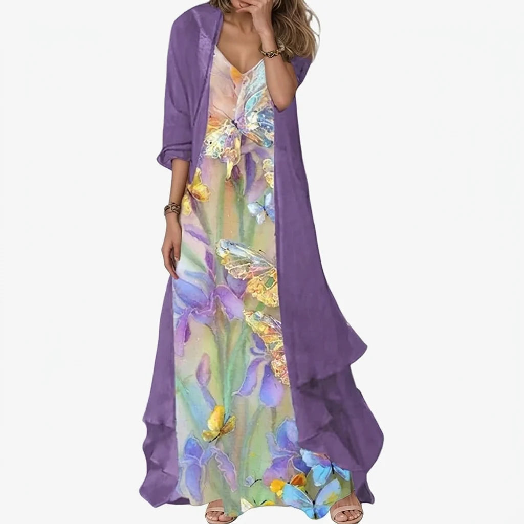 Women's Flowy Maxi Dress in purple floral