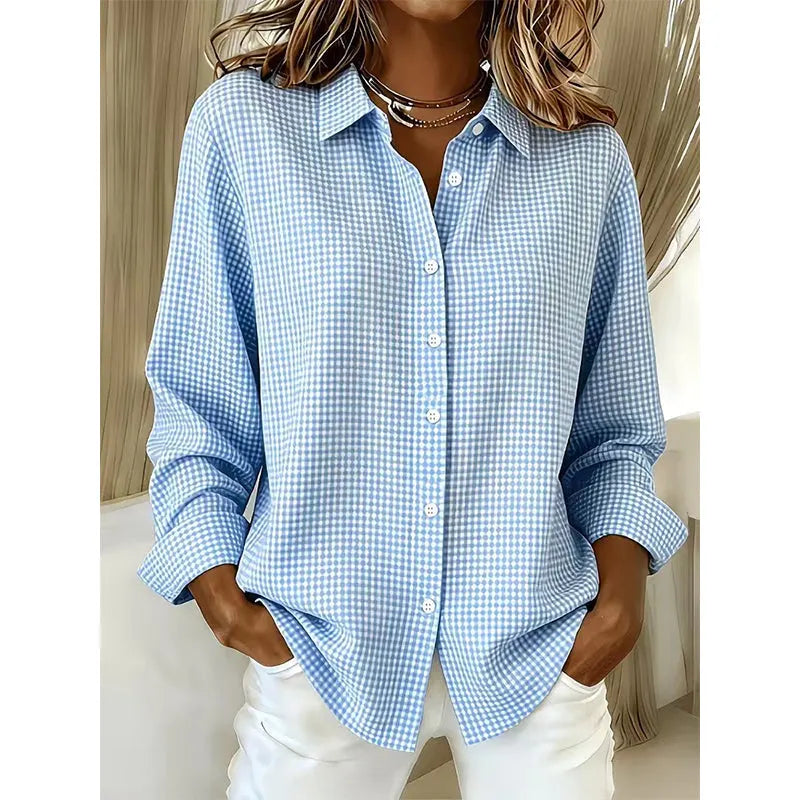 Women's Long Sleeve Linen Shirt in light blue plaid