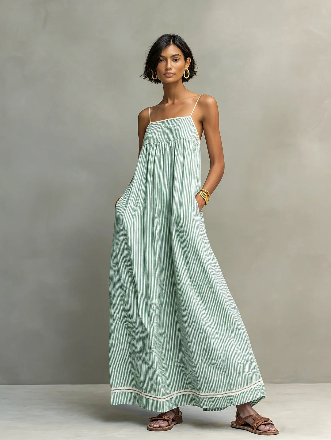 Women's Summer Maxi Dress in green striped