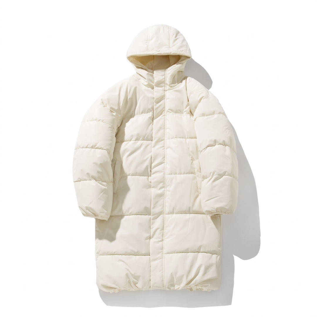 Men's Puffer Jacket, Longline Cream Hooded Quilted