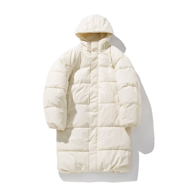 Men's Puffer Jacket, Longline Cream Hooded Quilted