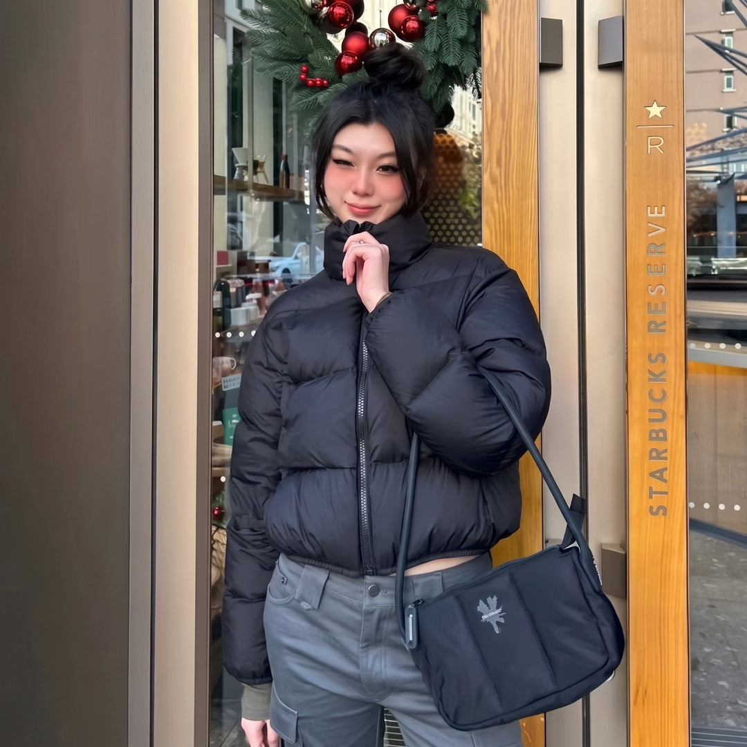 Women's Cropped Black Puffer Jacket, Padded Quilted Bubble Thick