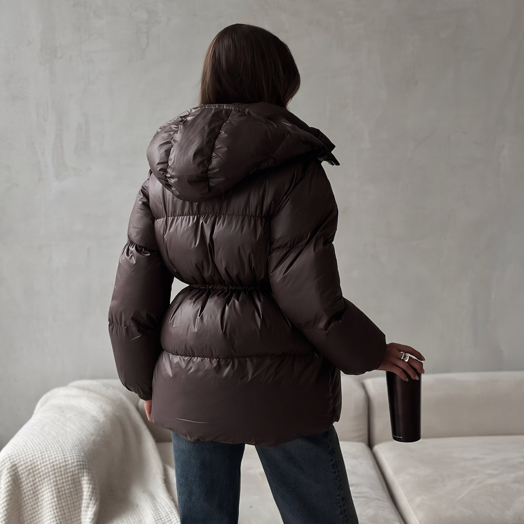 Women's Hooded Puffer Jacket, Padded Quilted Shiny Bubble