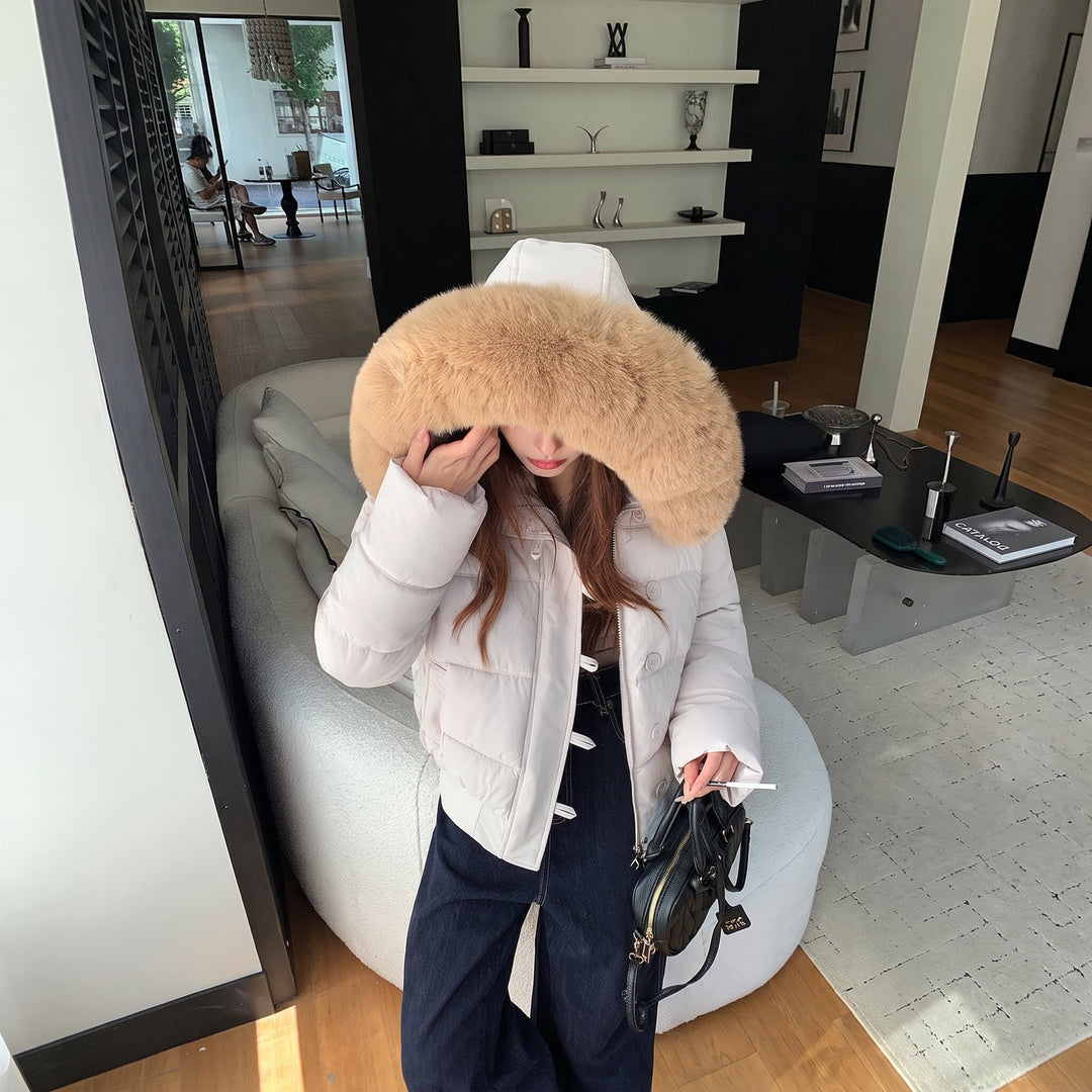 Women's Cropped Hooded Puffer Jacket, Padded Quilted Fur Bubble