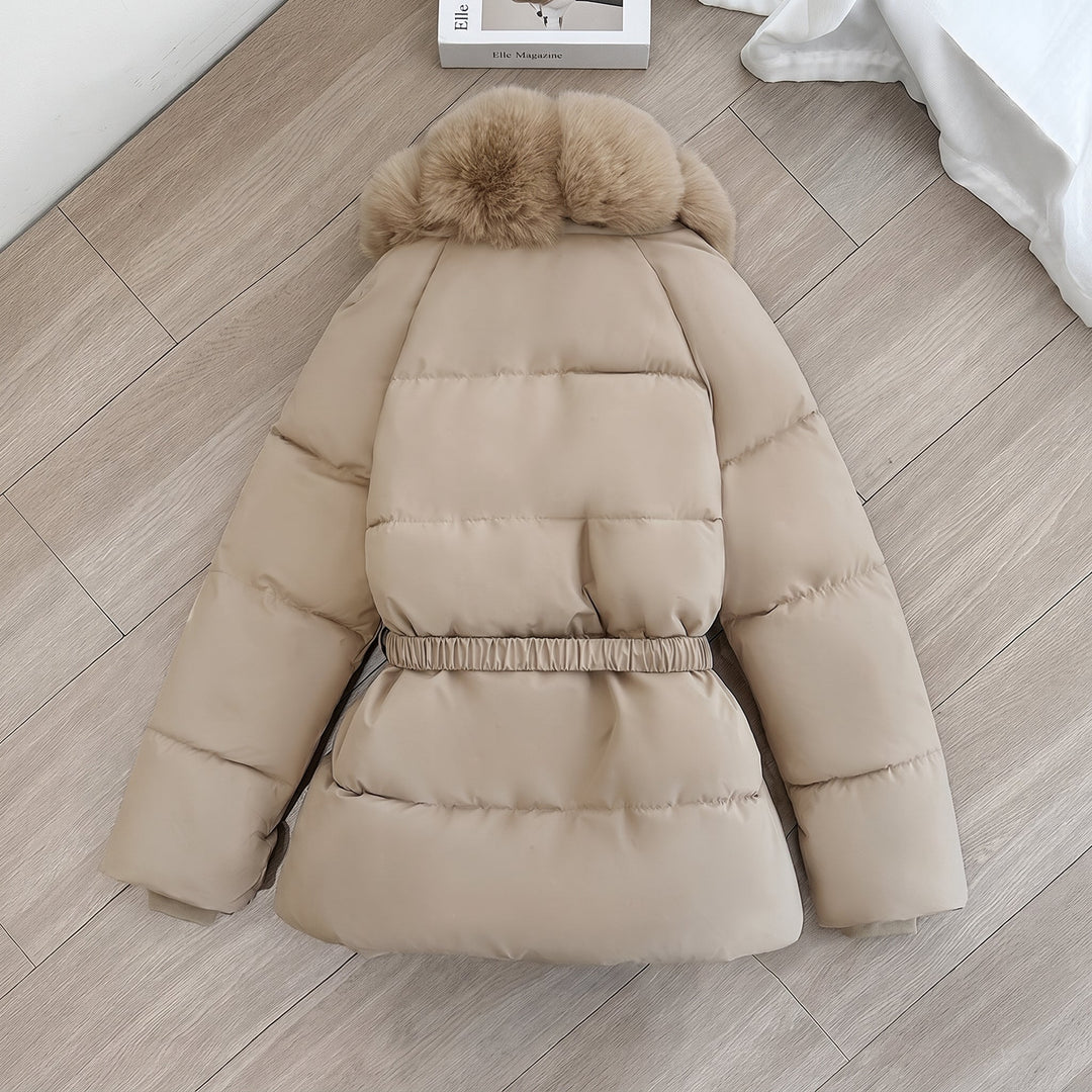 Women's Puffer Jacket, Longline Fur Hood Fitted Waist