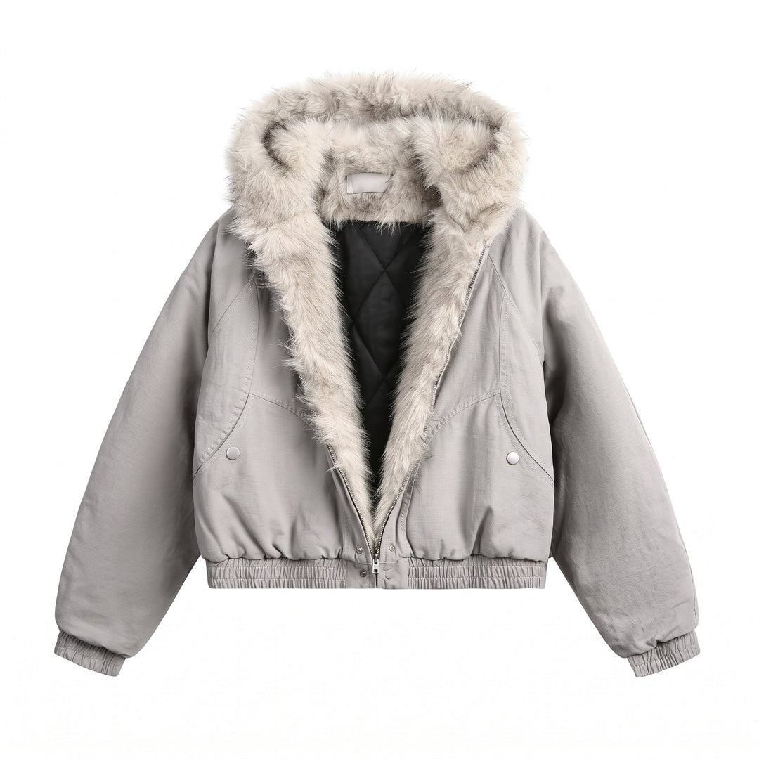 Women's Cropped Hooded Puffer Jacket, Padded Fur Lined Oversize