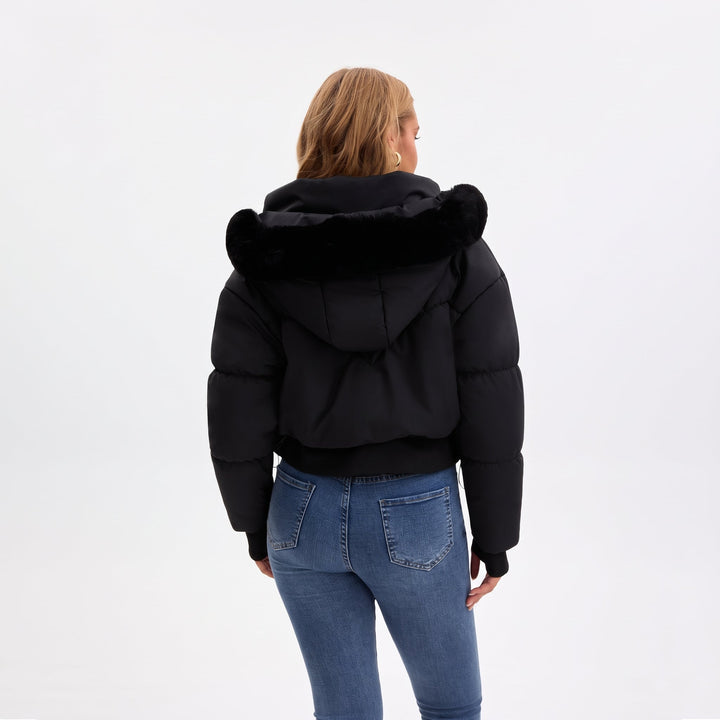 Women's Cropped Hooded Puffer Jacket, Padded Quilted Fur Bomber
