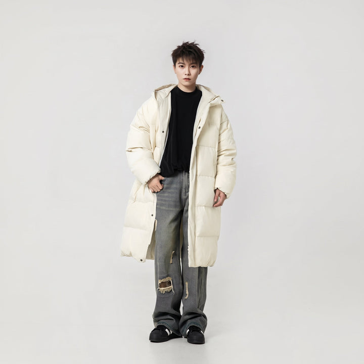 Men's Puffer Jacket, Longline Cream Hooded Quilted