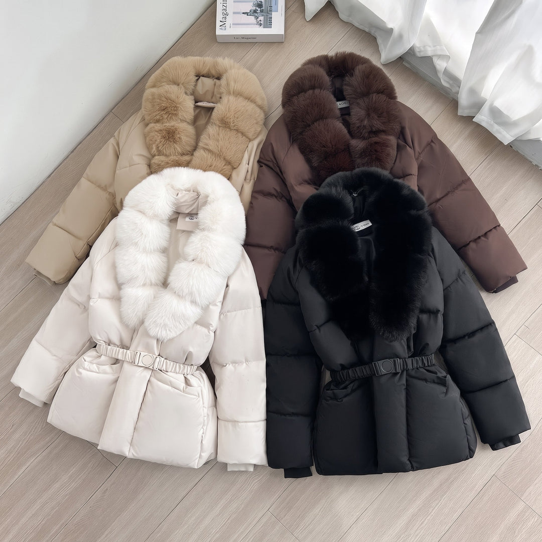 Women's Puffer Jacket, Longline Fur Hood Fitted Waist