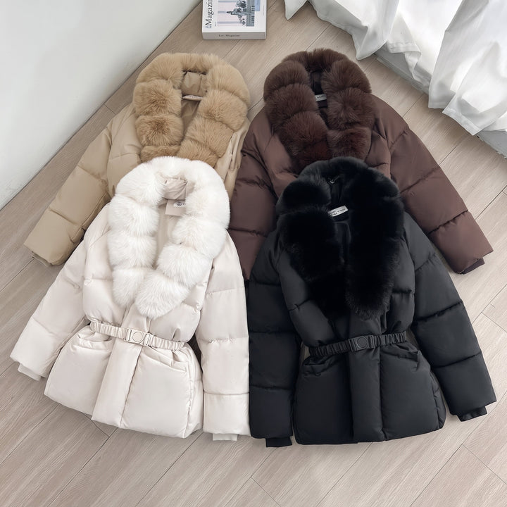 Women's Puffer Jacket, Longline Fur Hood Fitted Waist