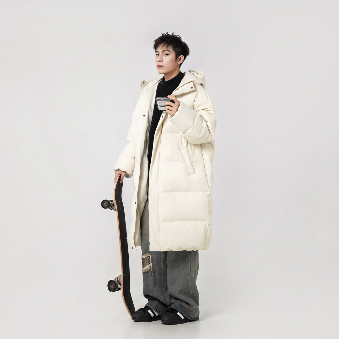 Men's Puffer Jacket, Longline Cream Hooded Quilted