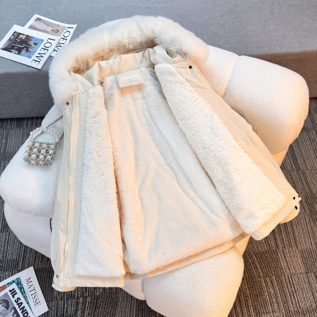 Women's Hooded Puffer Jacket, Fur Lined Fleece Fitted