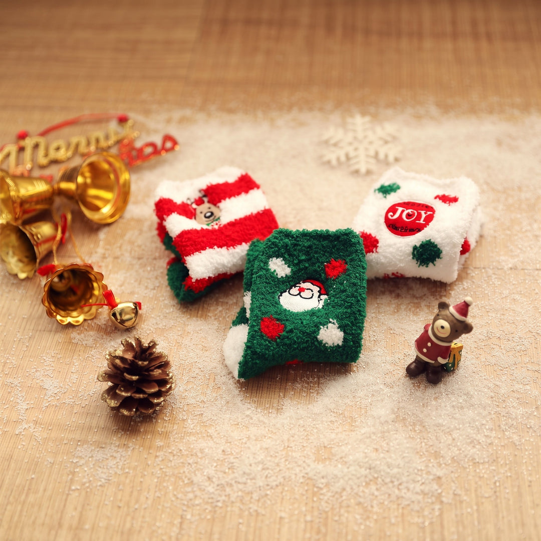 Embroidered Holiday Christmas Socks 3 Pack, Unisex Festive Fluffy Knit