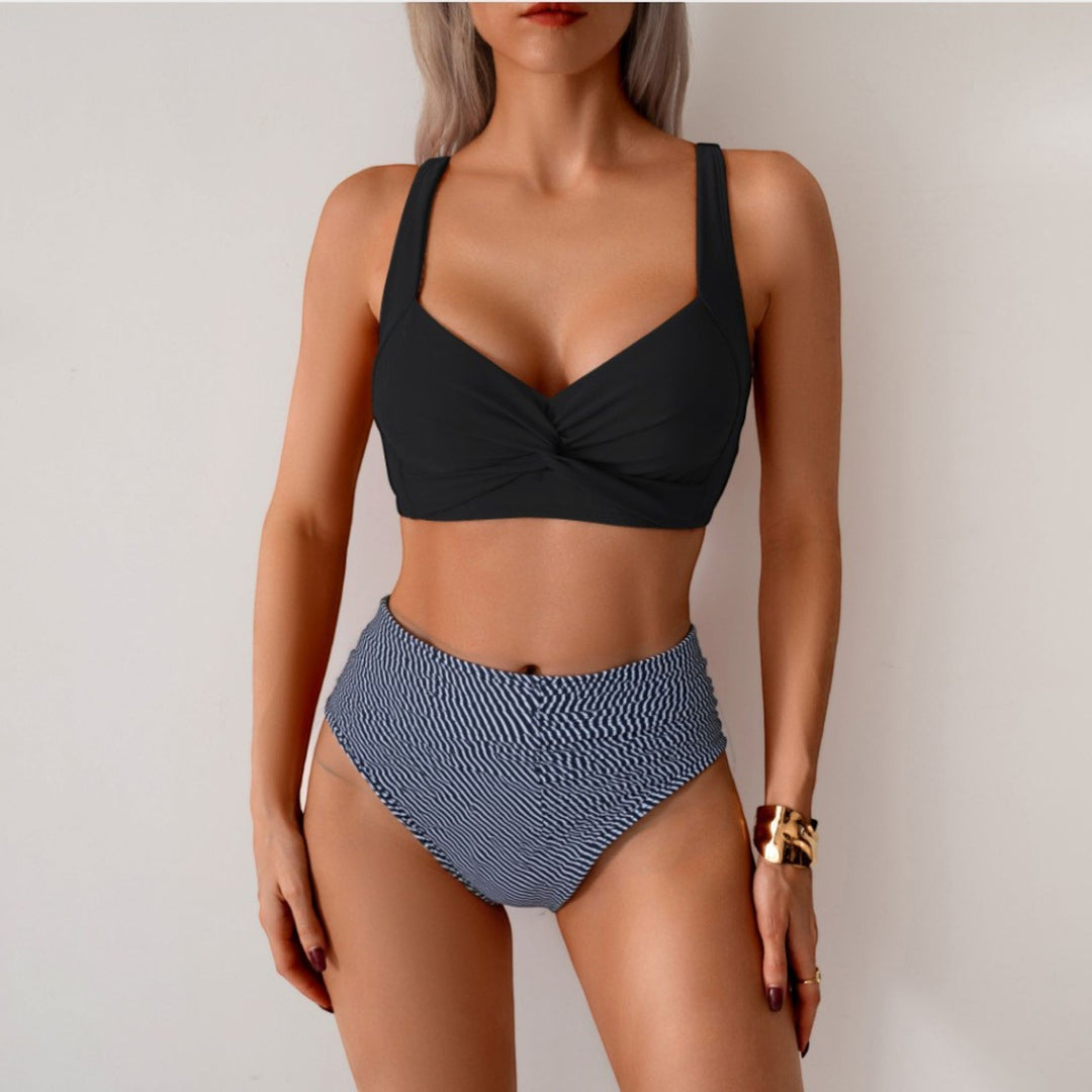 Women's High Waisted Bikini in black stripe