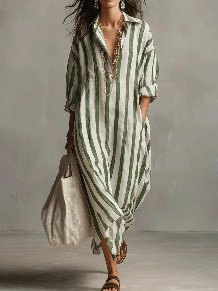 Women's Maxi Summer Dress in green striped