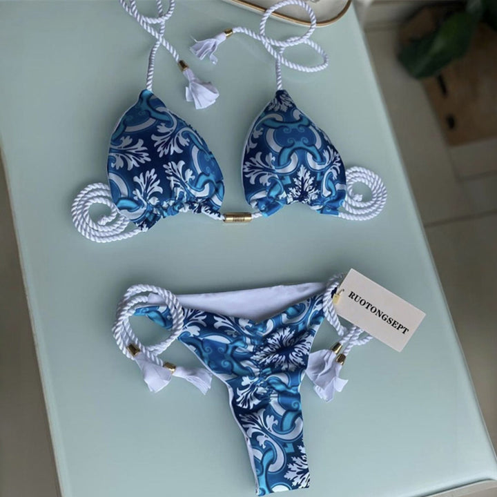 Women's String Bikini in blue tile print