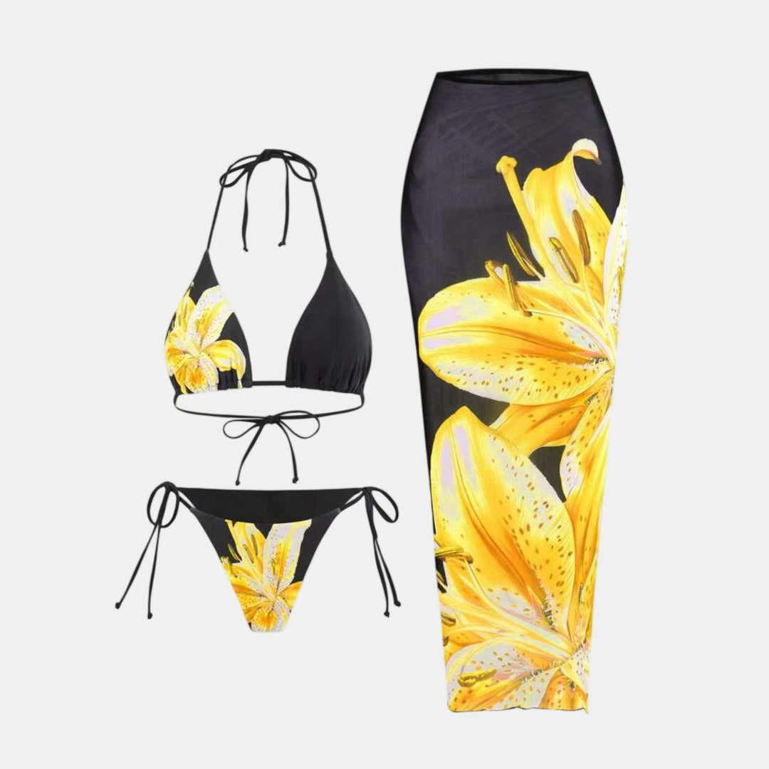 Women's String Bikini in black print yellow