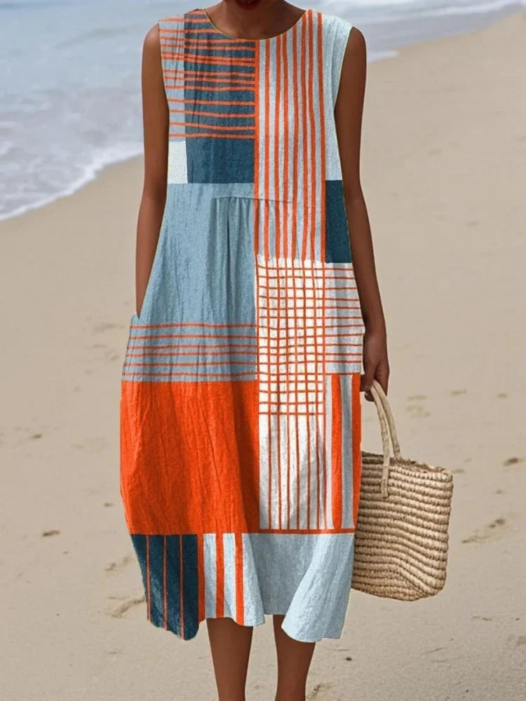 Women's Summer Midi Dress in orange colour block