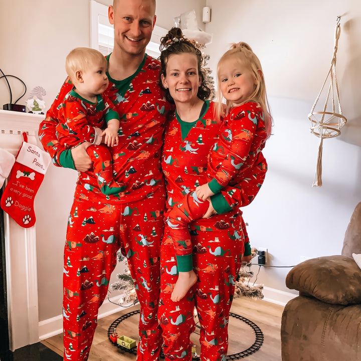Family Matching Christmas PJs in red dinosaur