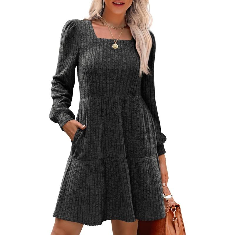 ELIZA™ - Cozy Square Neck Long Sleeve Babydoll Sweater Dress