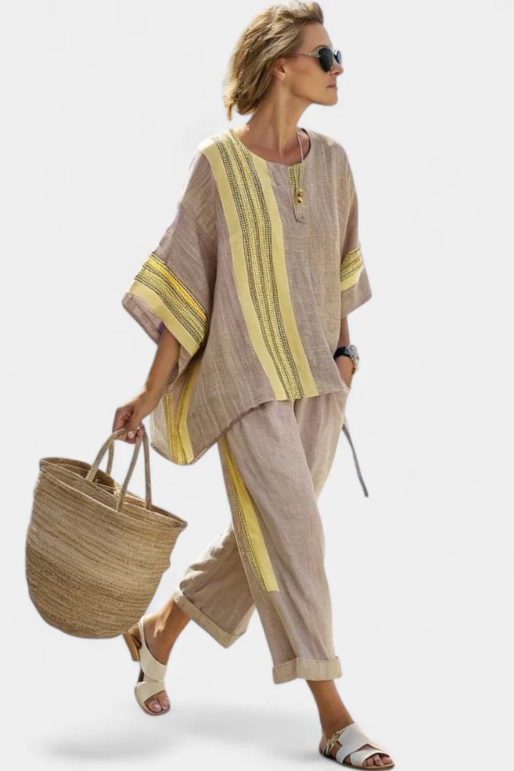 Women's Linen Matching Set in yellow striped
