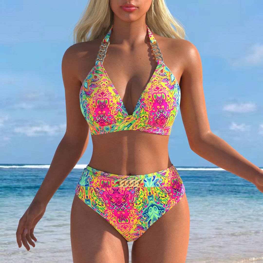 Women's High Waisted Bikini in pink paisley