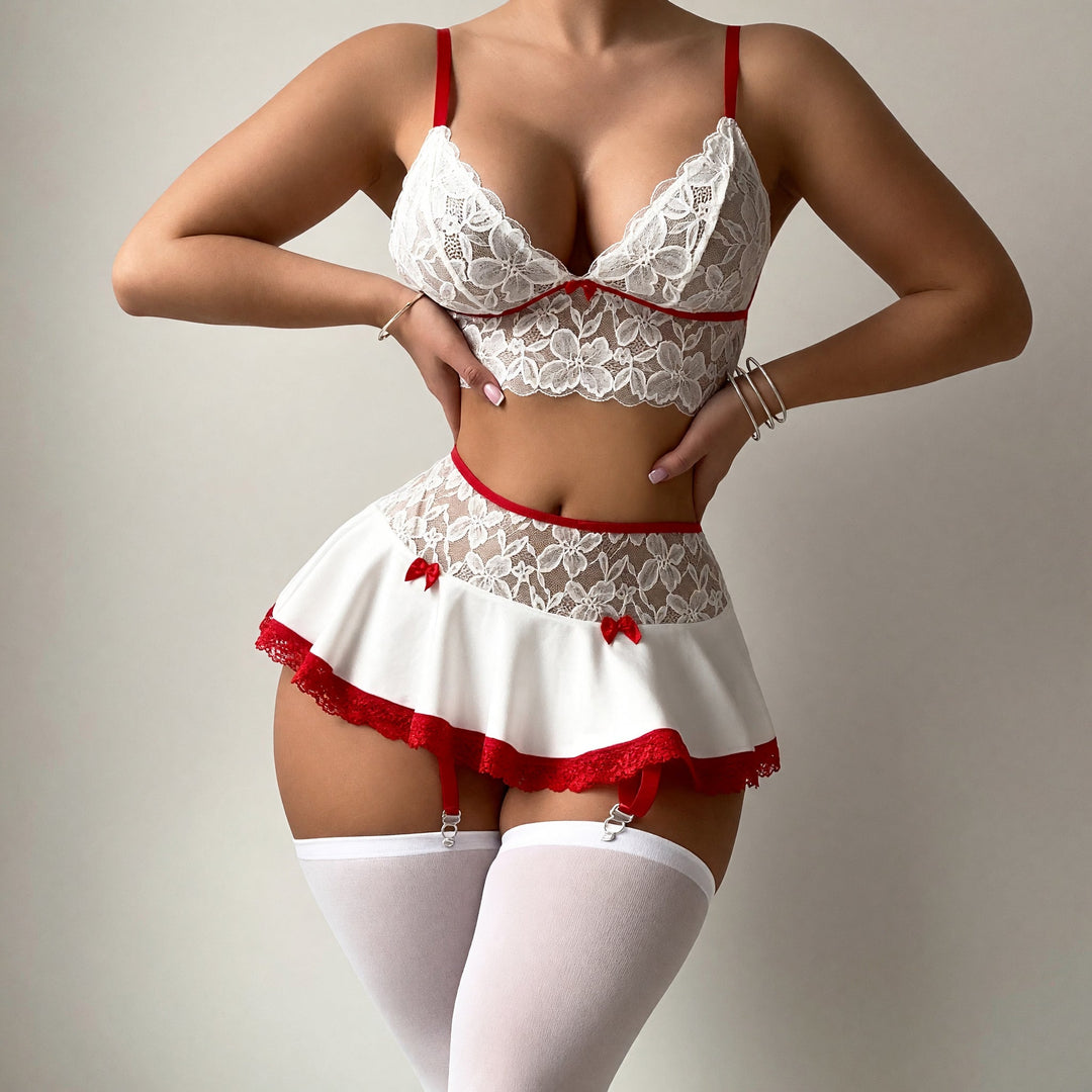 Women's Sexiest See Through Lingerie Set, Lace Suspenders Bow