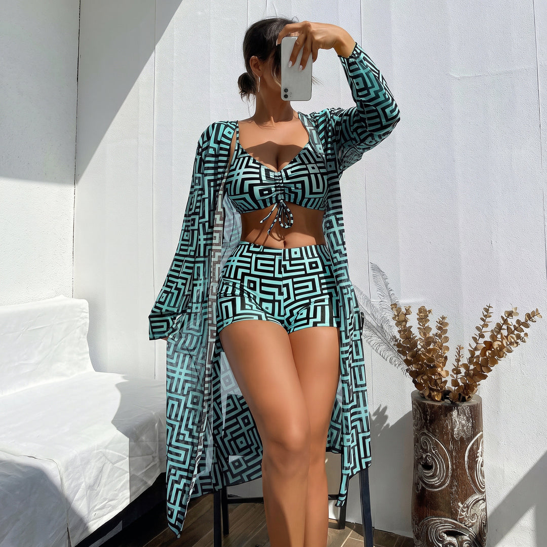 Women's High Waisted Bikini in aqua geometric